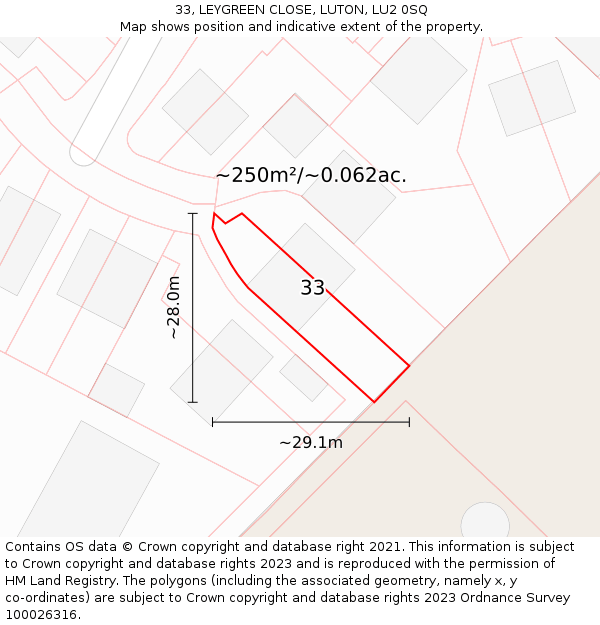 33, LEYGREEN CLOSE, LUTON, LU2 0SQ: Plot and title map