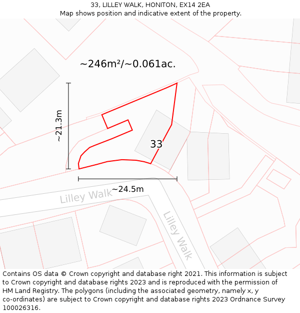 33, LILLEY WALK, HONITON, EX14 2EA: Plot and title map