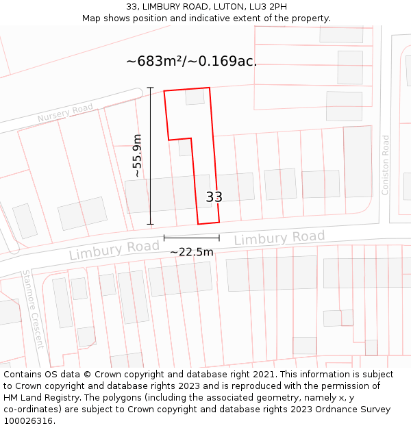 33, LIMBURY ROAD, LUTON, LU3 2PH: Plot and title map