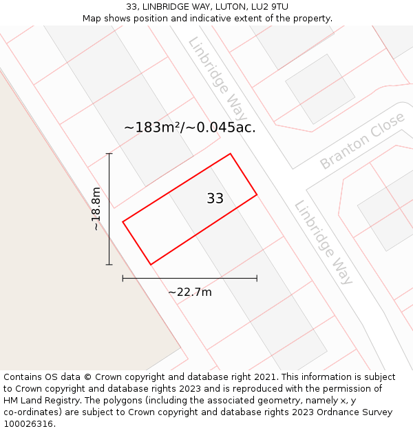 33, LINBRIDGE WAY, LUTON, LU2 9TU: Plot and title map