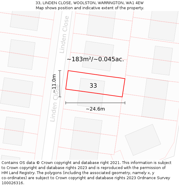 33, LINDEN CLOSE, WOOLSTON, WARRINGTON, WA1 4EW: Plot and title map