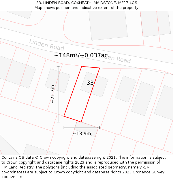 33, LINDEN ROAD, COXHEATH, MAIDSTONE, ME17 4QS: Plot and title map