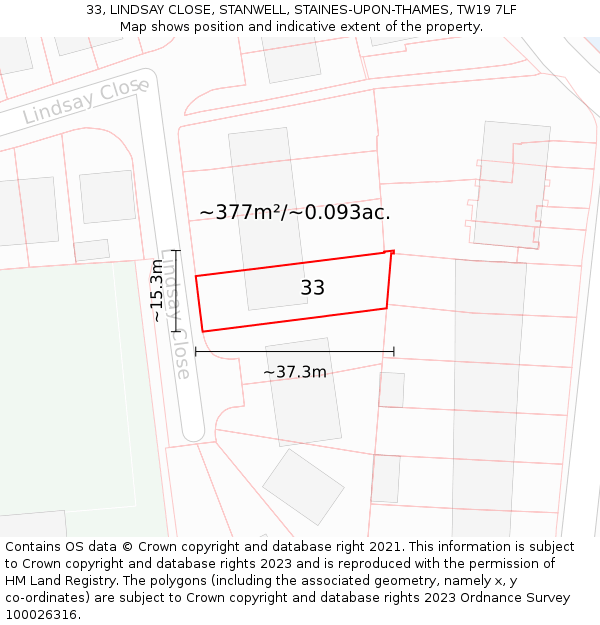 33, LINDSAY CLOSE, STANWELL, STAINES-UPON-THAMES, TW19 7LF: Plot and title map