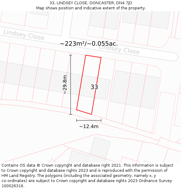 33, LINDSEY CLOSE, DONCASTER, DN4 7JD: Plot and title map