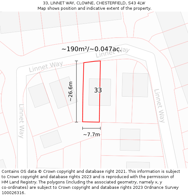 33, LINNET WAY, CLOWNE, CHESTERFIELD, S43 4LW: Plot and title map