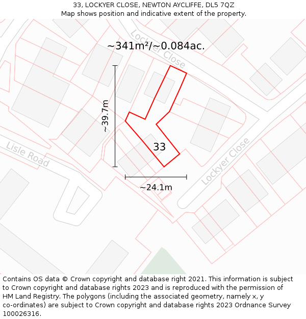 33, LOCKYER CLOSE, NEWTON AYCLIFFE, DL5 7QZ: Plot and title map