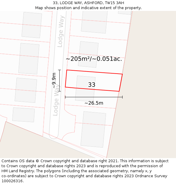 33, LODGE WAY, ASHFORD, TW15 3AH: Plot and title map