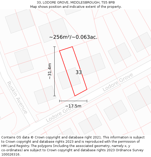 33, LODORE GROVE, MIDDLESBROUGH, TS5 8PB: Plot and title map
