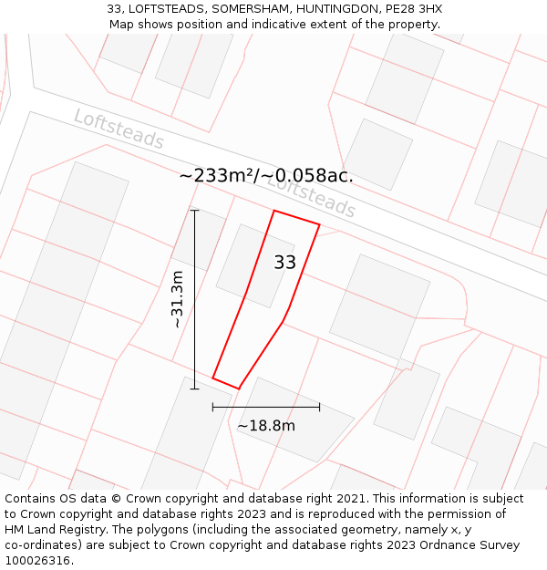 33, LOFTSTEADS, SOMERSHAM, HUNTINGDON, PE28 3HX: Plot and title map