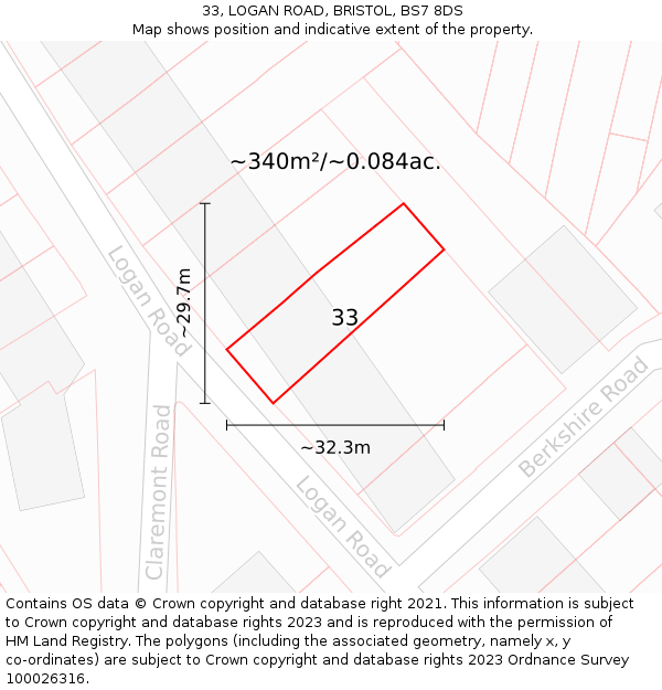 33, LOGAN ROAD, BRISTOL, BS7 8DS: Plot and title map