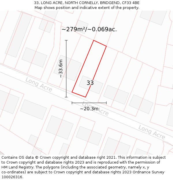 33, LONG ACRE, NORTH CORNELLY, BRIDGEND, CF33 4BE: Plot and title map