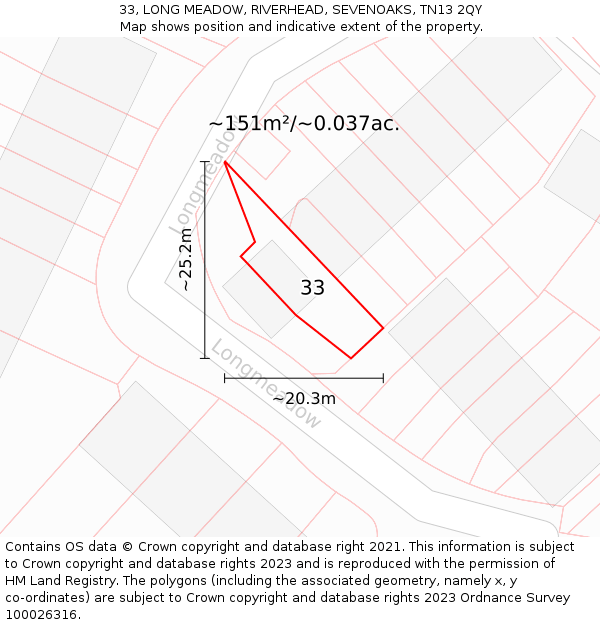 33, LONG MEADOW, RIVERHEAD, SEVENOAKS, TN13 2QY: Plot and title map