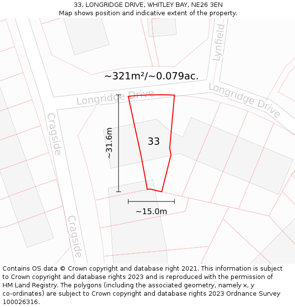 33, LONGRIDGE DRIVE, WHITLEY BAY, NE26 3EN: Plot and title map
