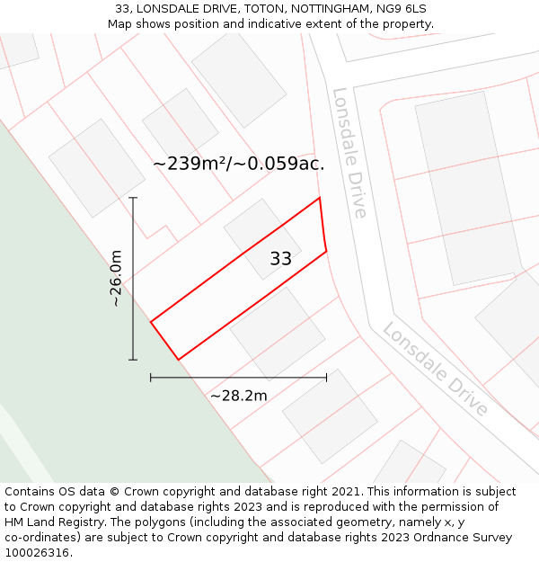 33, LONSDALE DRIVE, TOTON, NOTTINGHAM, NG9 6LS: Plot and title map