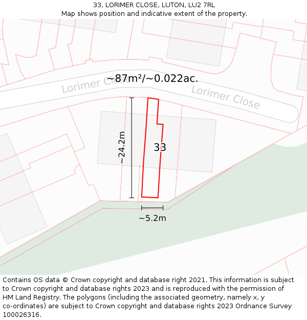 33, LORIMER CLOSE, LUTON, LU2 7RL: Plot and title map
