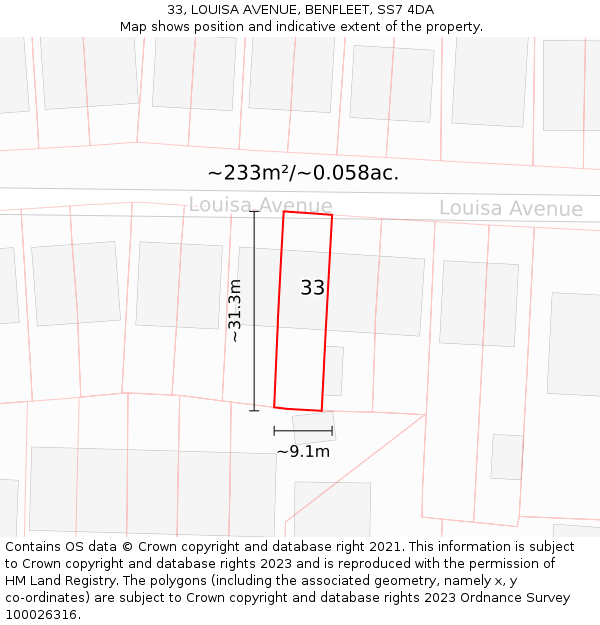 33, LOUISA AVENUE, BENFLEET, SS7 4DA: Plot and title map