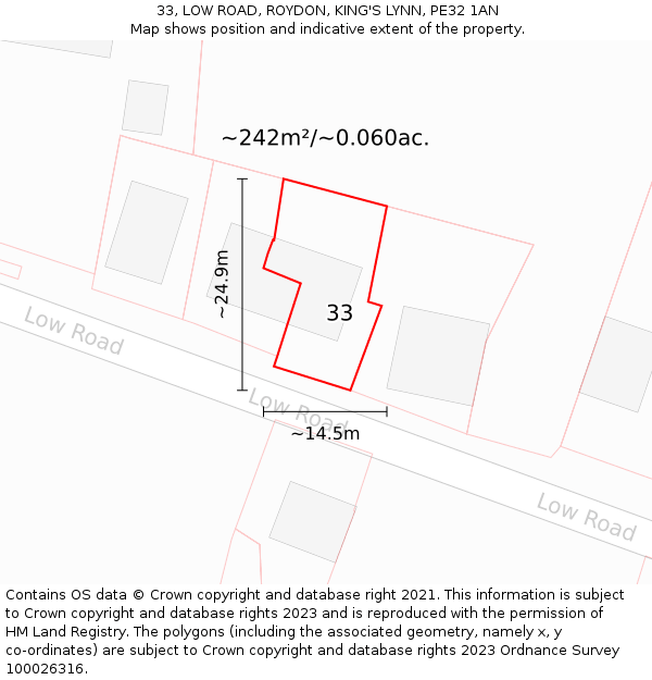 33, LOW ROAD, ROYDON, KING'S LYNN, PE32 1AN: Plot and title map