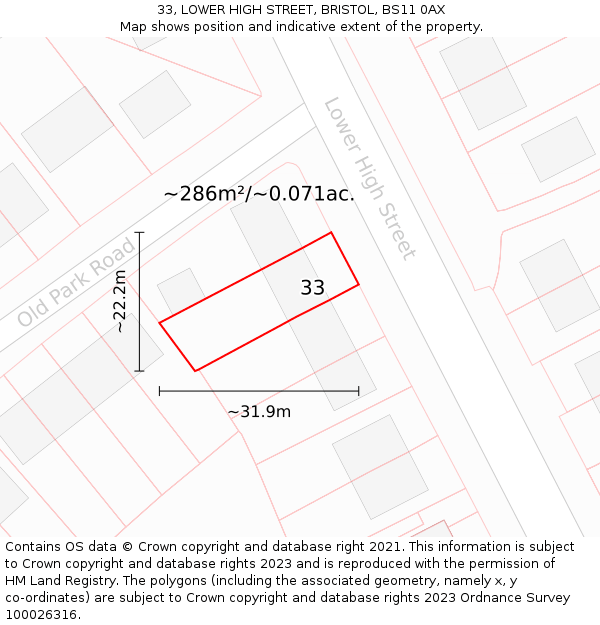33, LOWER HIGH STREET, BRISTOL, BS11 0AX: Plot and title map
