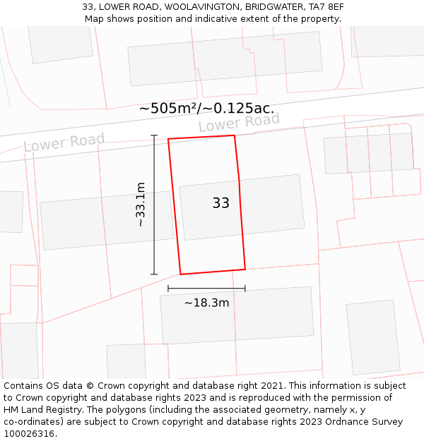 33, LOWER ROAD, WOOLAVINGTON, BRIDGWATER, TA7 8EF: Plot and title map