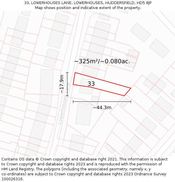 33, LOWERHOUSES LANE, LOWERHOUSES, HUDDERSFIELD, HD5 8JP: Plot and title map