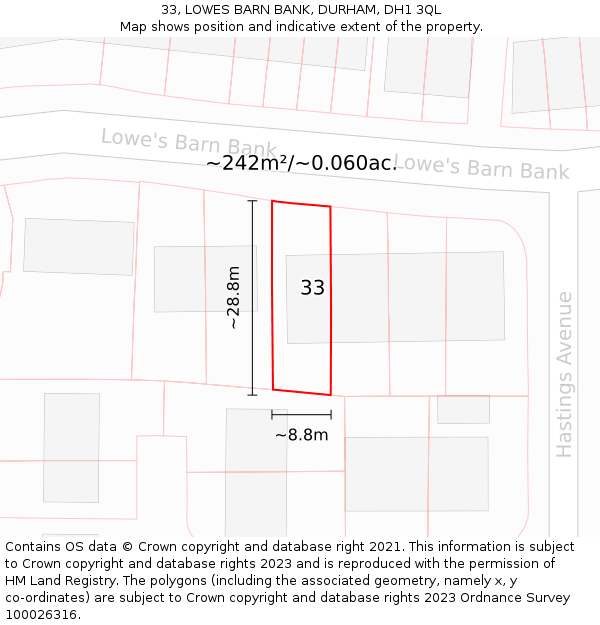 33, LOWES BARN BANK, DURHAM, DH1 3QL: Plot and title map