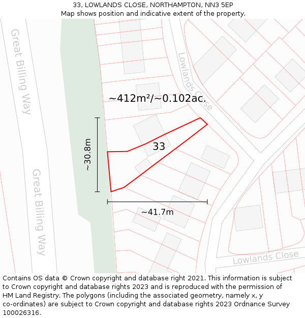33, LOWLANDS CLOSE, NORTHAMPTON, NN3 5EP: Plot and title map