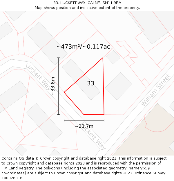 33, LUCKETT WAY, CALNE, SN11 9BA: Plot and title map