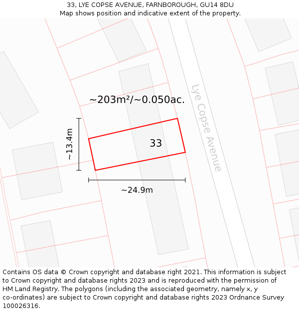 33, LYE COPSE AVENUE, FARNBOROUGH, GU14 8DU: Plot and title map