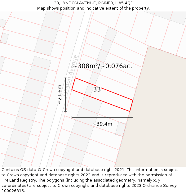 33, LYNDON AVENUE, PINNER, HA5 4QF: Plot and title map