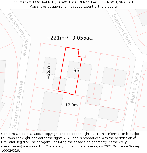 33, MACKMURDO AVENUE, TADPOLE GARDEN VILLAGE, SWINDON, SN25 2TE: Plot and title map