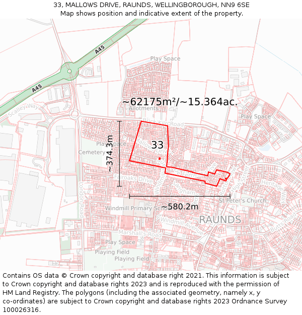 33, MALLOWS DRIVE, RAUNDS, WELLINGBOROUGH, NN9 6SE: Plot and title map