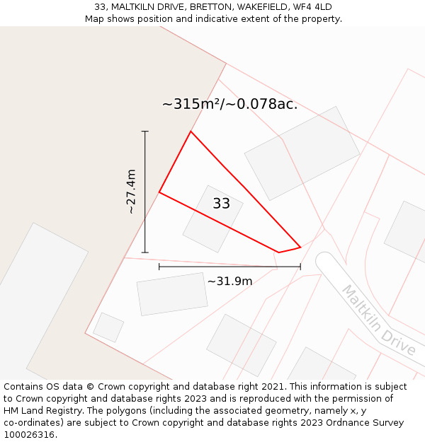 33, MALTKILN DRIVE, BRETTON, WAKEFIELD, WF4 4LD: Plot and title map