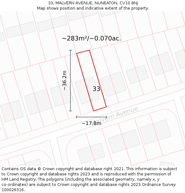 33, MALVERN AVENUE, NUNEATON, CV10 8NJ: Plot and title map