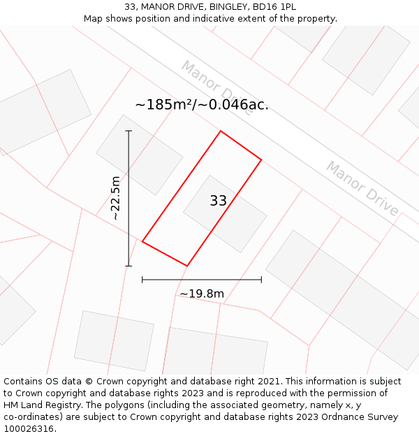 33, MANOR DRIVE, BINGLEY, BD16 1PL: Plot and title map