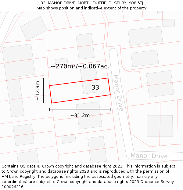 33, MANOR DRIVE, NORTH DUFFIELD, SELBY, YO8 5TJ: Plot and title map