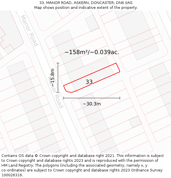 33, MANOR ROAD, ASKERN, DONCASTER, DN6 0AS: Plot and title map