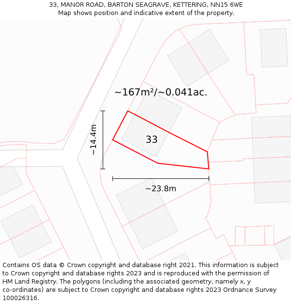 33, MANOR ROAD, BARTON SEAGRAVE, KETTERING, NN15 6WE: Plot and title map