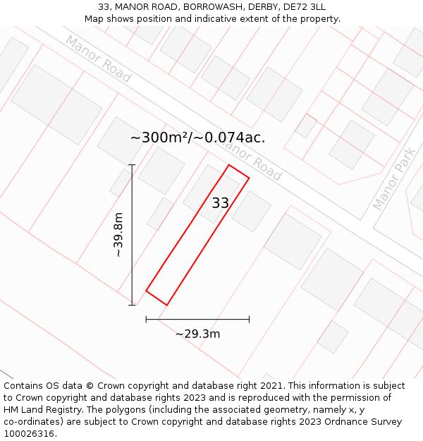 33, MANOR ROAD, BORROWASH, DERBY, DE72 3LL: Plot and title map