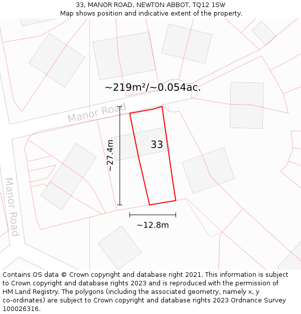 33, MANOR ROAD, NEWTON ABBOT, TQ12 1SW: Plot and title map
