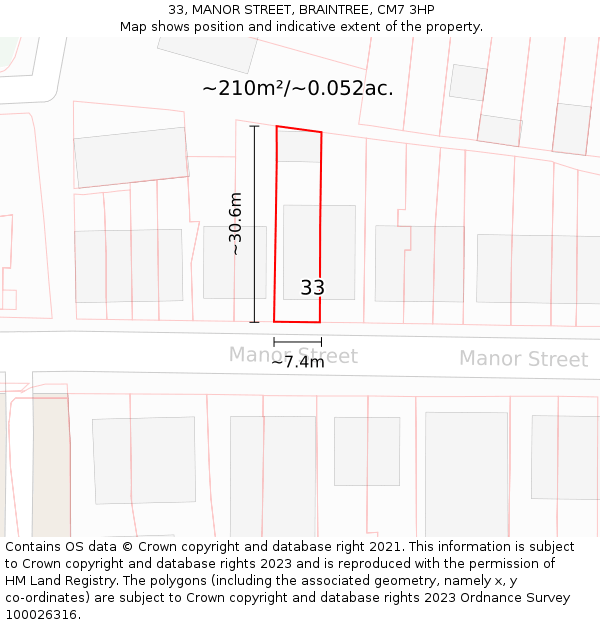 33, MANOR STREET, BRAINTREE, CM7 3HP: Plot and title map