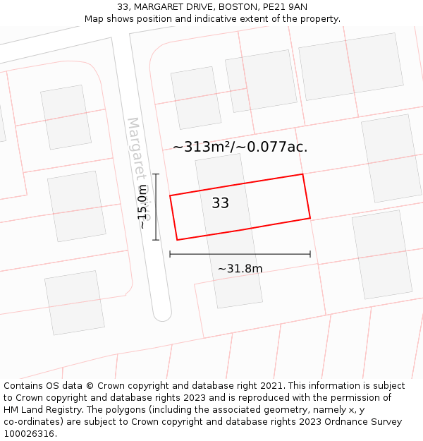 33, MARGARET DRIVE, BOSTON, PE21 9AN: Plot and title map
