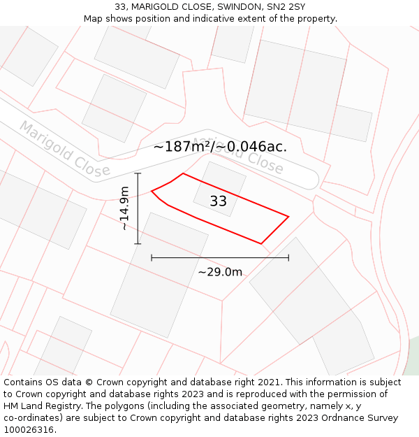 33, MARIGOLD CLOSE, SWINDON, SN2 2SY: Plot and title map