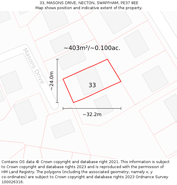 33, MASONS DRIVE, NECTON, SWAFFHAM, PE37 8EE: Plot and title map