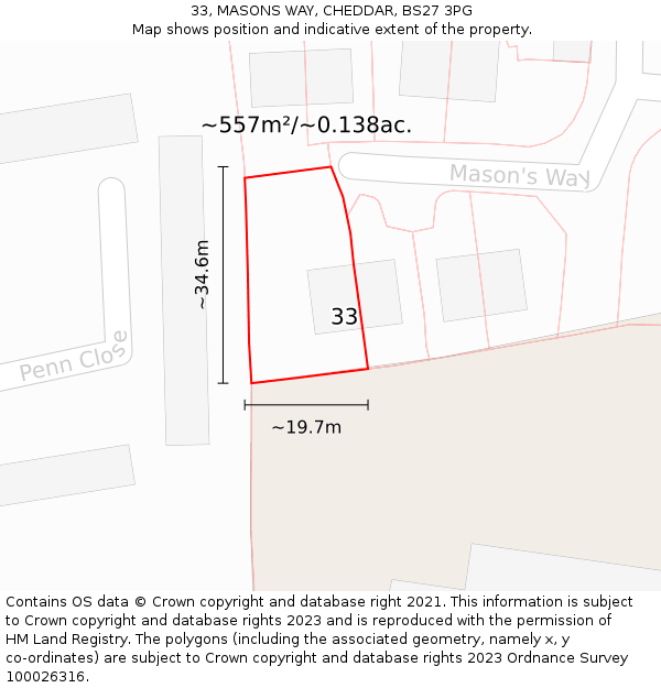 33, MASONS WAY, CHEDDAR, BS27 3PG: Plot and title map