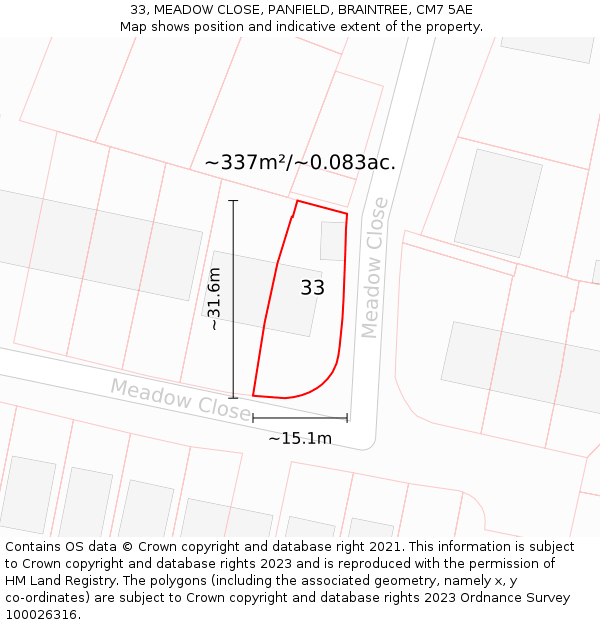 33, MEADOW CLOSE, PANFIELD, BRAINTREE, CM7 5AE: Plot and title map