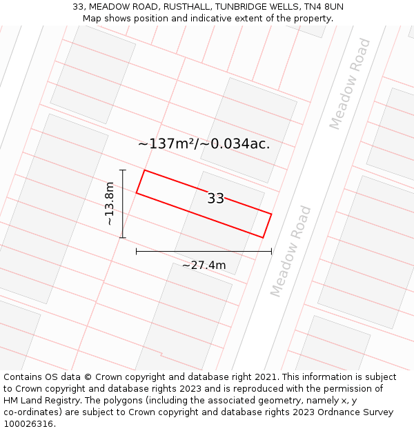 33, MEADOW ROAD, RUSTHALL, TUNBRIDGE WELLS, TN4 8UN: Plot and title map