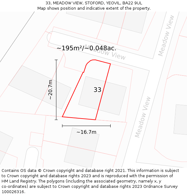33, MEADOW VIEW, STOFORD, YEOVIL, BA22 9UL: Plot and title map