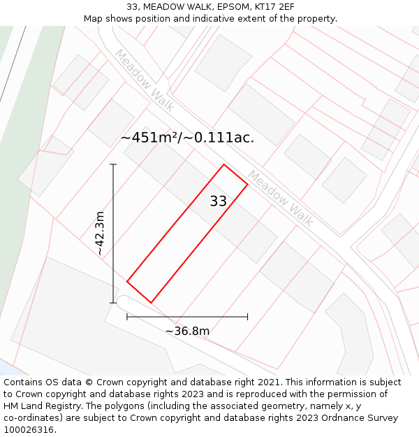 33, MEADOW WALK, EPSOM, KT17 2EF: Plot and title map