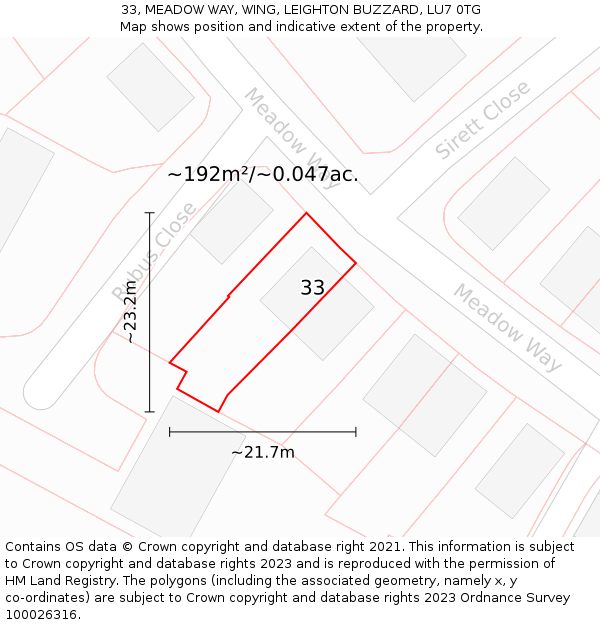 33, MEADOW WAY, WING, LEIGHTON BUZZARD, LU7 0TG: Plot and title map