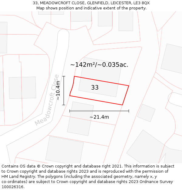 33, MEADOWCROFT CLOSE, GLENFIELD, LEICESTER, LE3 8QX: Plot and title map